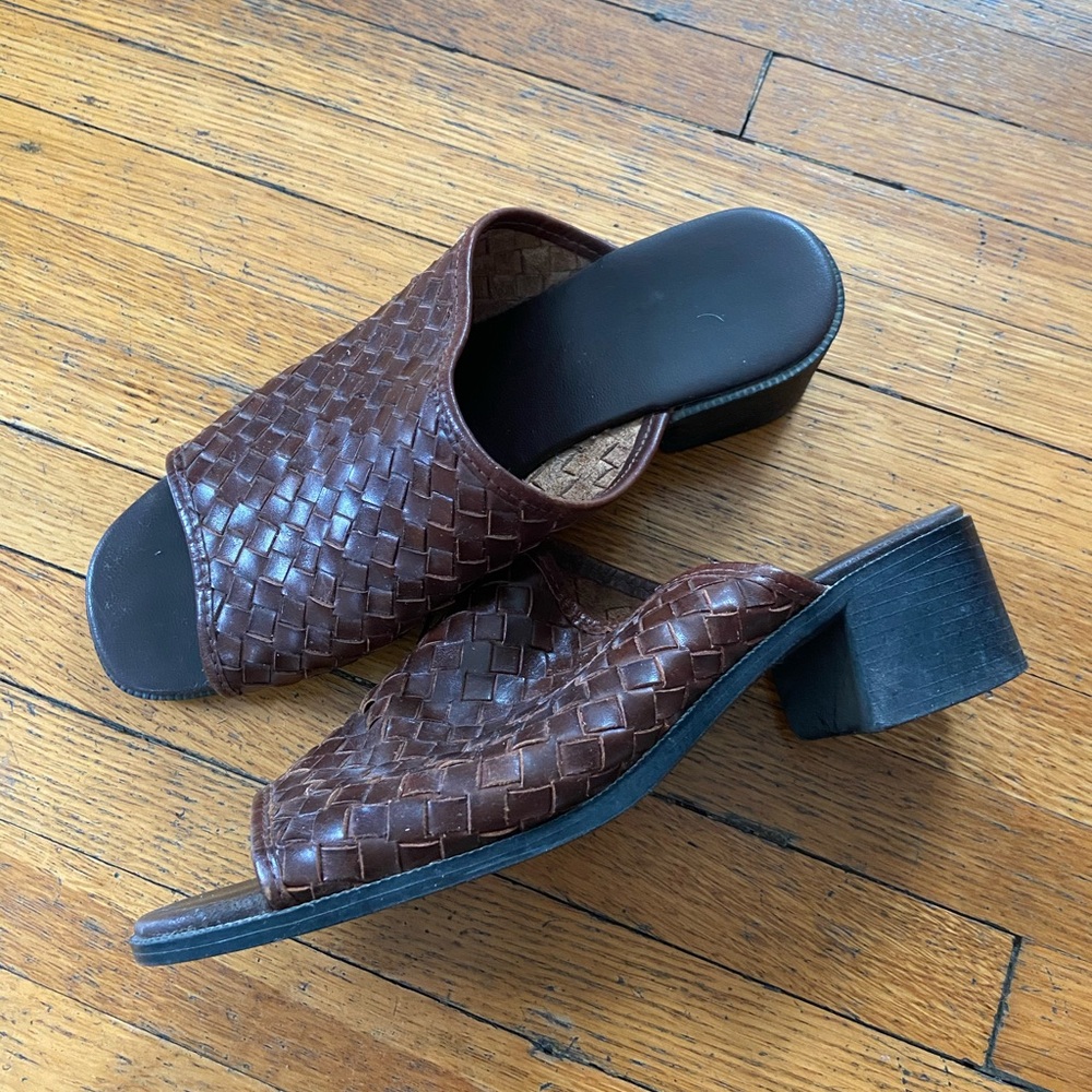 Vintage Brown Woven Leather Square Toe Slide Heels